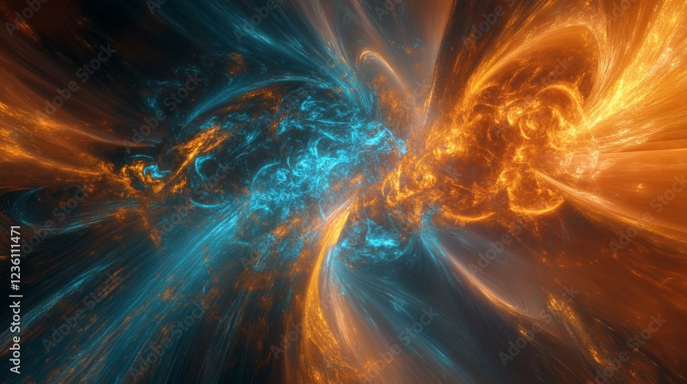 Poster abstract swirling energy pattern with blue and orange hues creating a dynamic visual flow