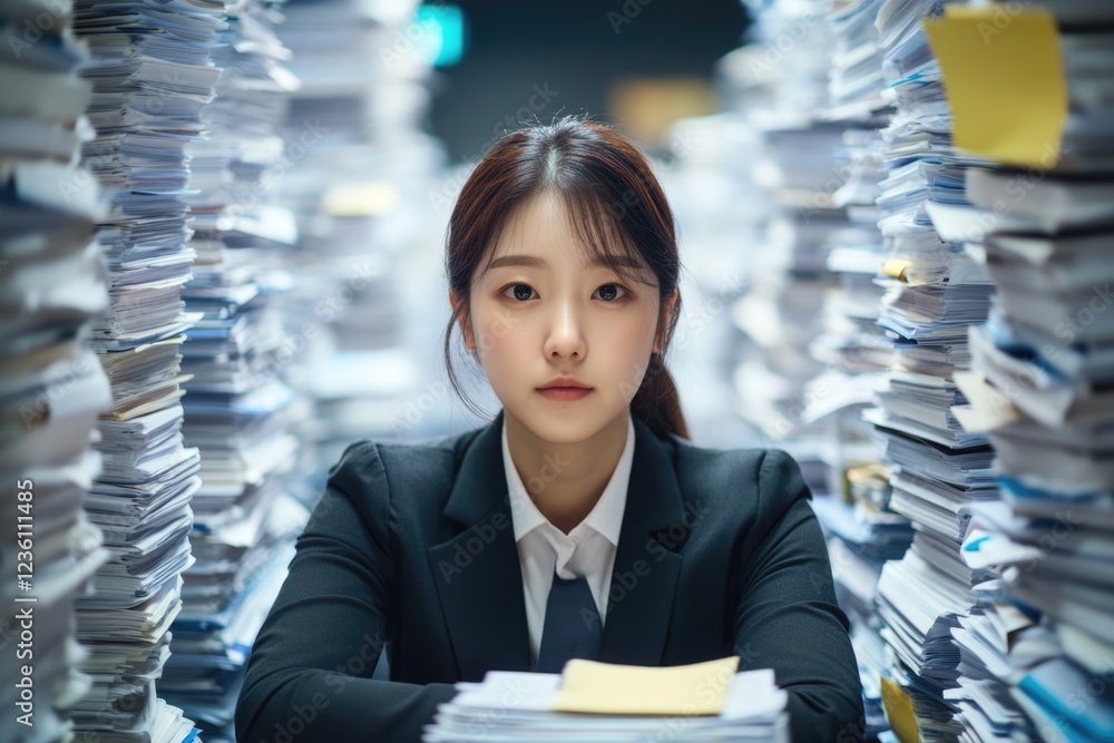 Poster a woman in a professional attire sits at a desk surrounded by stacks of papers, likely working on a 