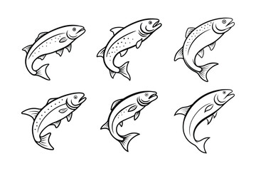 trout fish design, labeled line art vector silhouette illustration.
