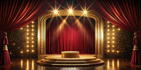 A dramatic stage illuminated by spotlights, with red velvet curtains and a golden platform, showcasing a grand and celebratory atmosphere.