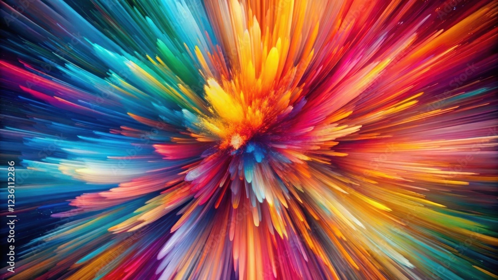 Poster A vibrant explosion of color, a kaleidoscope of hues radiating outward in a dynamic and abstract composition.