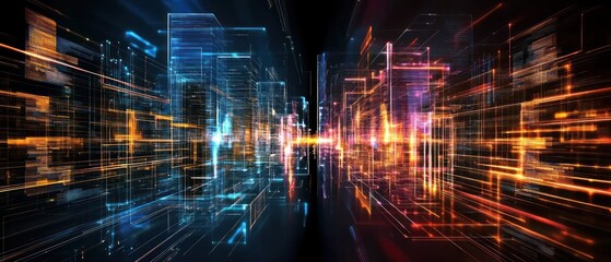 Fototapeta premium Abstract digital cityscape with glowing lights and motion
