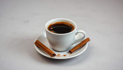 A classic cup of black coffee served with a cinnamon stick on a white ceramic plate placed on a marble countertop, creating a simple and elegant coffee presentation.