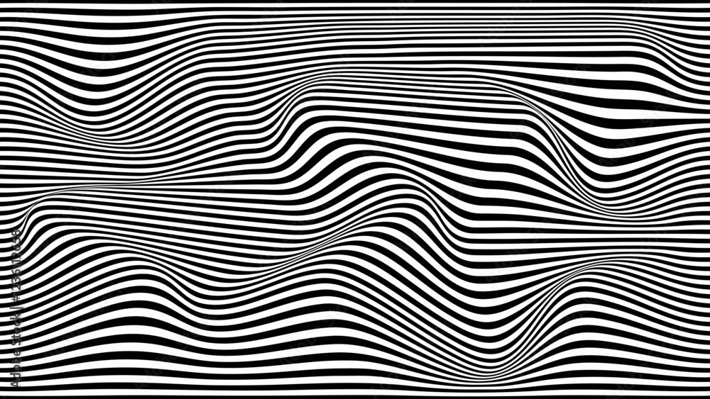 Poster vector pattern of optical illusion. moving wave with black and white lines. op art. abstract distort