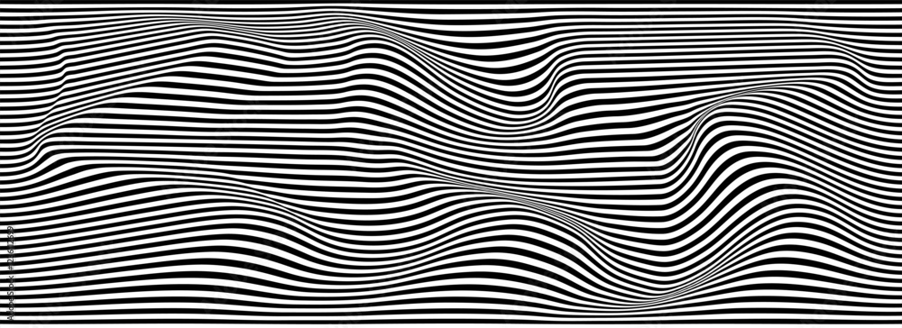 Poster vector pattern of optical illusion. moving wave with black and white lines. op art. abstract distort