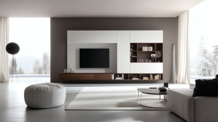 Modern Minimalist Living Room Interior with Integrated Media Wall and Comfortable Seating