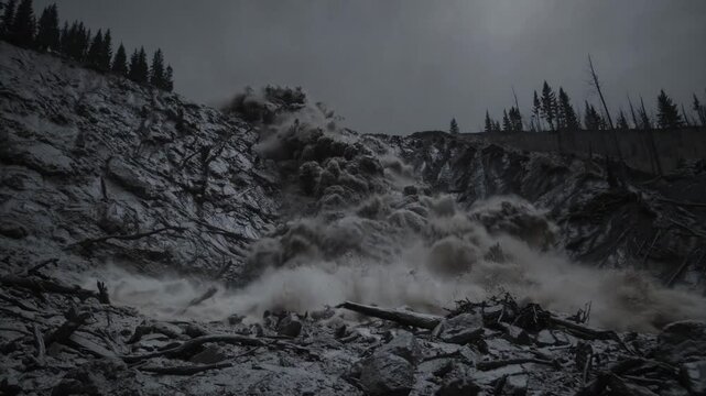 Mudslide Sweeping Mountainside, Fierce Natural Disaster, Video, Generative AI