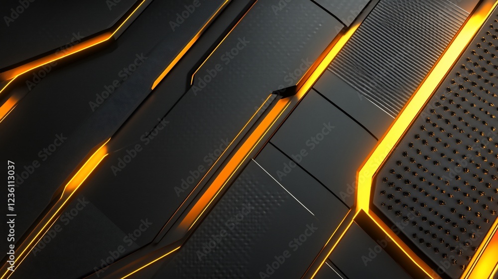 Poster futuristic abstract background with glowing orange lines and patterned surfaces