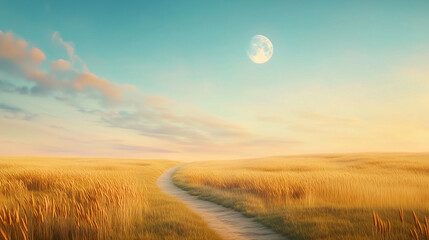 Obraz premium Minimalist countryside path winding through golden fields under moonlit sky with copy space