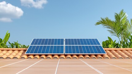 Solar Panels on Terracotta Roof with Palm Trees