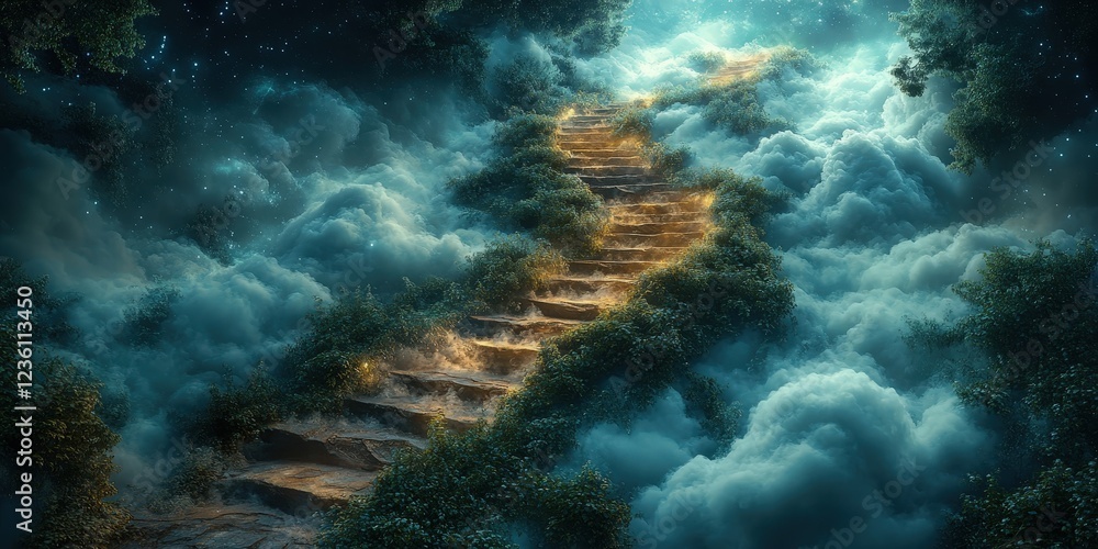 Poster ethereal staircase ascending into dreamy clouds under a celestial sky with stars and soft light crea