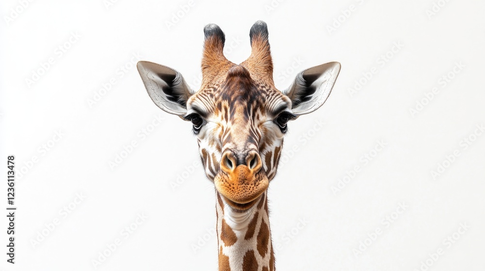 Poster A close-up shot of a giraffe's face on a white background, perfect for use in educational or wildlife-related projects