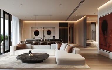 High-End Minimalist Apartment Featuring a Sleek White Sectional Sofa, a Black Marble Dining Table,...