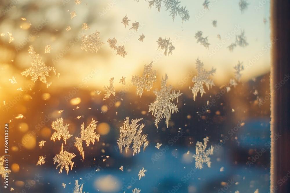 Poster A winter scene featuring a window with intricate snowflake designs
