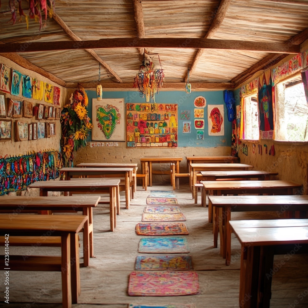 Poster Classroom setup with wooden tables and colorful rugs for learning or presentation