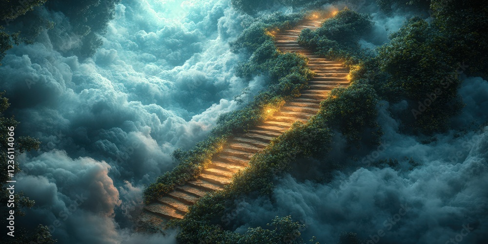 Poster ethereal staircase ascending into clouds with glowing lights surrounded by lush greenery in a dreaml