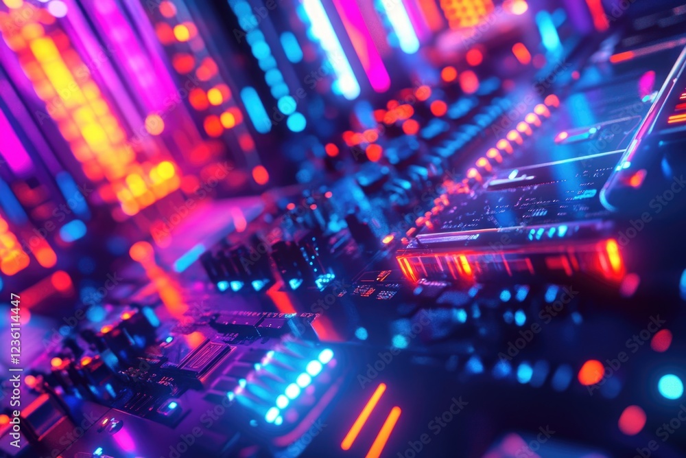 Poster a close-up view of a professional dj mixer in a dimly lit room, ready for action