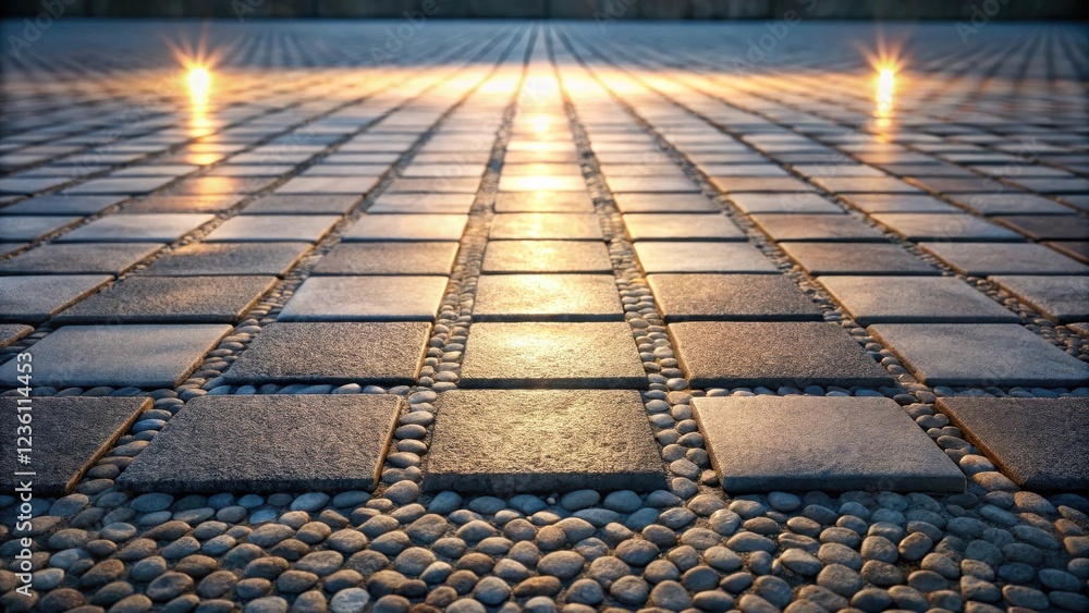 Poster a walkway paved with square stones and outlined with round stones leading towards a glowing light at