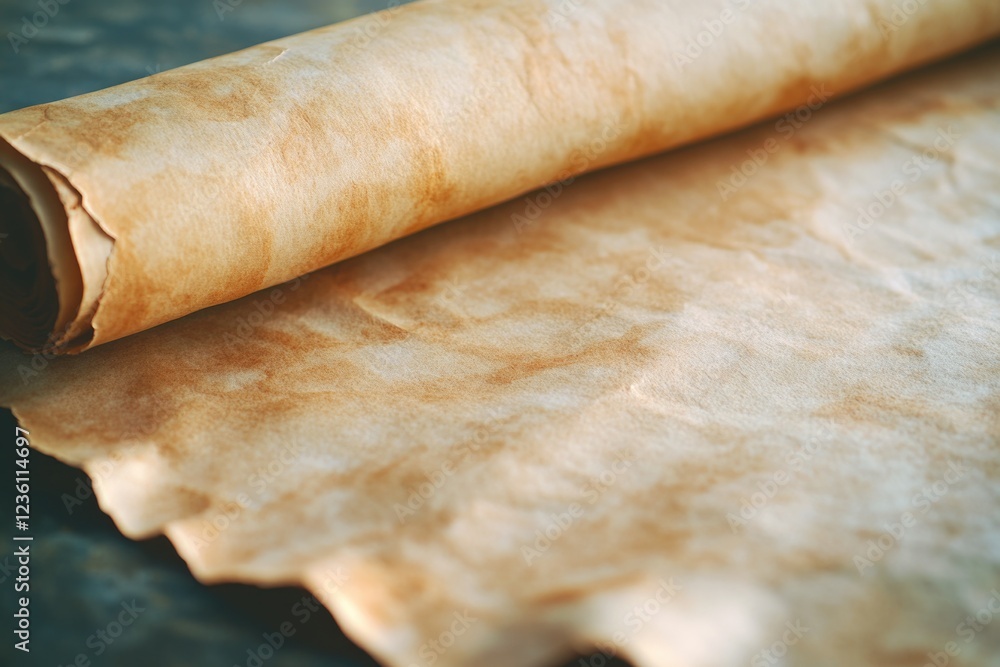 Poster a rolled up parchment lies on a table, perfect for adding context to historical or mystical scenes
