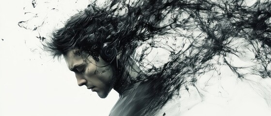 Abstract portrait of a man with flowing black smoke effect