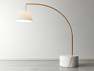 Modern arc floor lamp with white shade and marble base against a plain wall