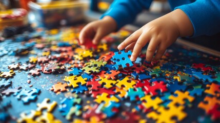 Toddler playing with colorful jigsaw puzzle pieces