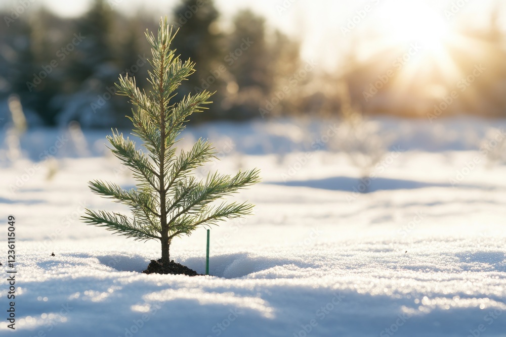 Poster a small pine tree grows out of the snow-covered ground, its branches reaching up towards the sky