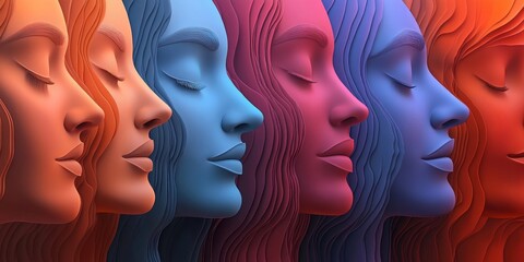 Set of abstract colorful faces, 3d render, Generative AI