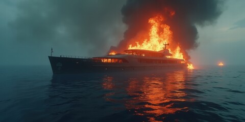 Obraz premium A dramatic scene of a shipwreck, featuring a burning vessel engulfed in flames against a smoky backdrop, illustrating the dangers of maritime travel and fire.