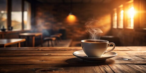 Fototapeta premium A steaming cup of coffee rests on a wooden table, bathed in warm light filtering through windows, inviting you to savor the moment.