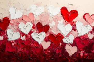 A large painting featuring white and red hearts against a beige background, 