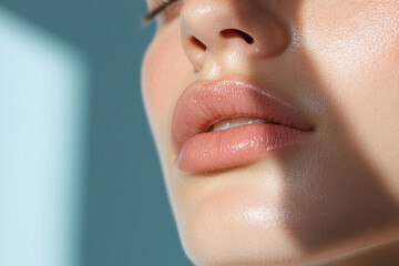 Close-up of caucasian female adult with glossy lips and clear skin in natural light