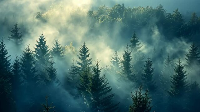 gorgeous aerial view of conifer forest with fog drifting around at morning time with sunrise light
