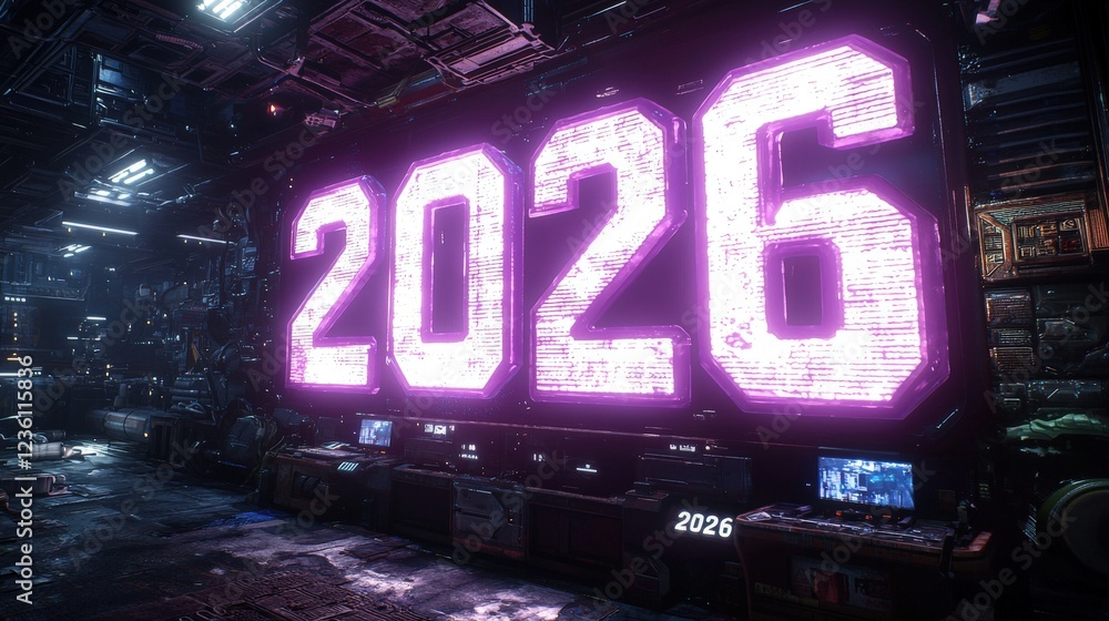 Poster futuristic display of bright large numbers in neon glow representing significant year on industrial 