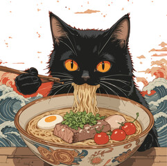 Black cat with striking orange eyes eating ramen from large bowl. Generative AI.