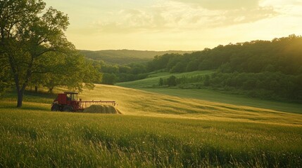 Naklejka premium A serene landscape with a tractor working in a golden-lit field at sunset.