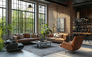 Fototapeta premium Industrial loft living room with raw brick walls, metal-framed windows, and a mix of leather and metal furniture for an urban aesthetic