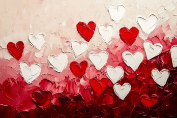 A large painting featuring white and red hearts against a beige background, 