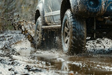 Obraz premium Off-road adventure car splashes through muddy trail. Neural network AI generated