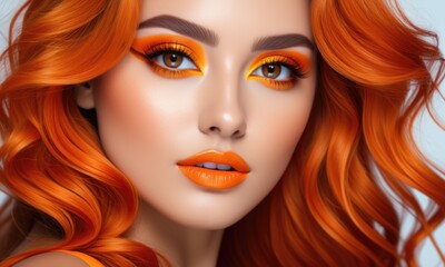 Vibrant orange makeup and hair on a stunning fashion model