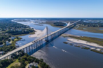 Obraz premium ' Cable-stayed bridge over river with vehicle traffic in a coastal landscape.