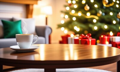 Fototapeta premium Cozy holiday living room with steaming coffee and festive christmas tree