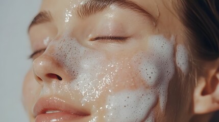 Closeup portrait of a serene peaceful woman s face with glowing hydrated and radiant skin during a relaxing rejuvenating skincare treatment  The image conveys a sense of natural beauty