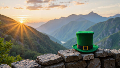 Leprechaun hat on stone wall overlooking majestic mountains, celebratory spirit