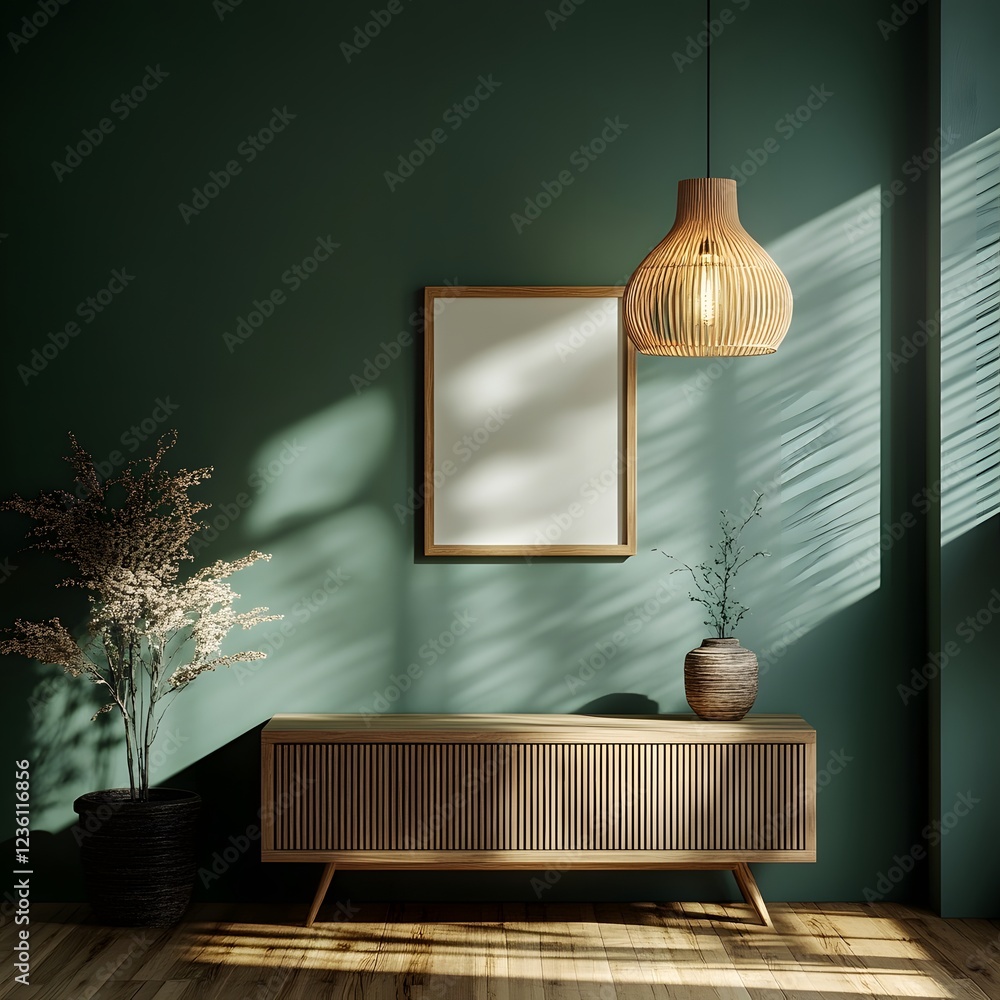 Poster dark green home interior a minimalist commode mockup frame standing on top elegant 3d render showing