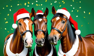 Festive horses in santa hats celebrating the holiday season with green background