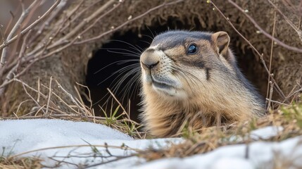 Yellow bellied marmot emerging from its burrow in spring