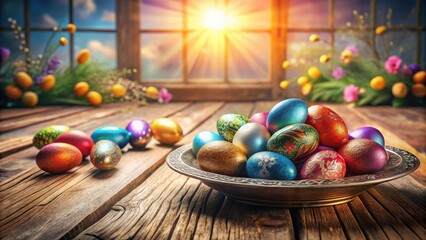 A bowl filled with colorful Easter eggs on a rustic wooden table, bathed in the warm glow of the afternoon sun shining through a window.