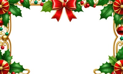 Festive christmas frame with holly and red ribbon bow on elegant border