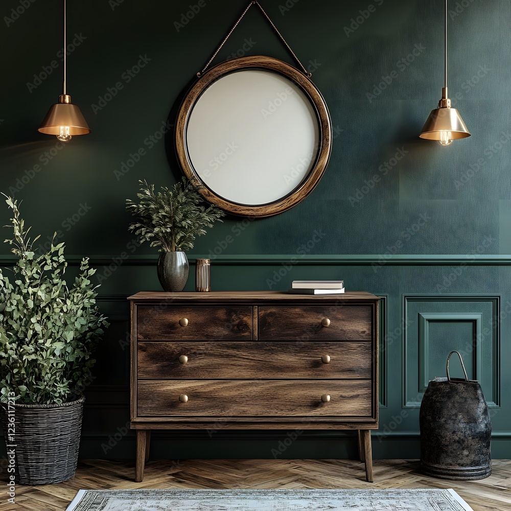 Poster dark green home interior a minimalist commode mockup frame standing on top elegant 3d render showing